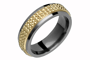 14kt Yellow Gold and Titanium Ring with Three Rows of Beading