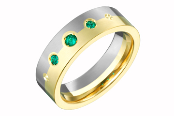 Half Titanium and Half Yellow Gold Band with Emeralds