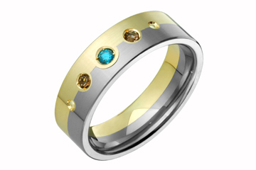 7/100 Carat Half Titanium and Half Yellow Gold Band with Sky Blue Diamond and Smokey Topaz