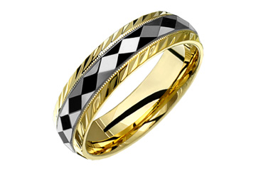 14K Comfort Fit Two-tone Wedding Band with a Convex Diamond shape Motif