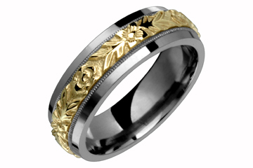 Titanium and 14kt Yellow Gold Domed Floral Carved Wedding Band
