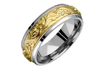 Titanium & 14K Yellow Gold Floral Carved Ring