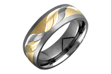 Titanium & 14K Yellow Gold Wavy Carved Design Ring