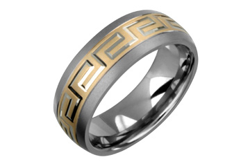 Titanium & 14K Yellow Gold Greek Key Carved Ring