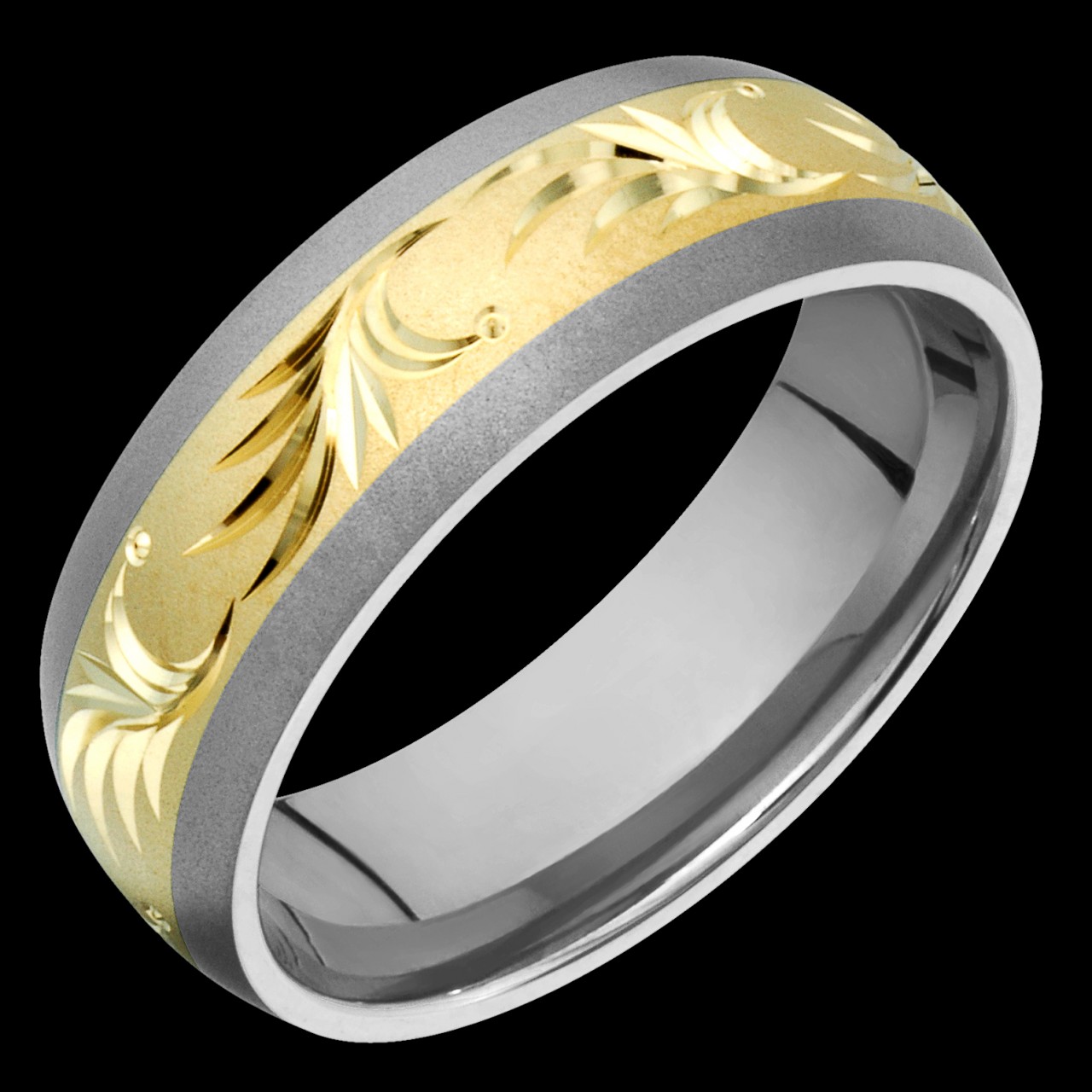 Titanium Band with 14kt Yellow Gold Leaf Carving