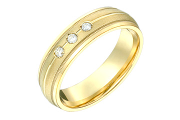 9/100 Carat Yellow Gold 14kt Wedding Band with Three Diamonds