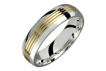 Silver & Triple Groove Yellow Gold Carved Wedding Band