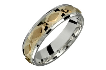 Carved Leaf Design Silver & Yellow Gold Wedding Band