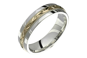 Silver & Yellow Gold Wedding Band With Leaf Design