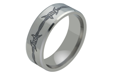 Titanium Ring with Black Titanium Barb Wire Carving and Bevel Edge