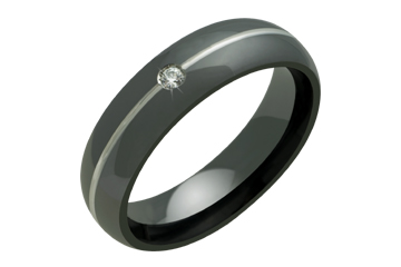 Domed Black Titanium Band with Grey center Groove and Diamond