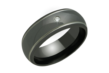 Domed Comfort Fit Black Titanium Band with Diamond and Grey Titanium Grooves