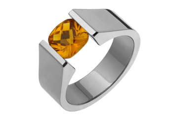 Golden Yellow Checkered Cushion-Cut Citrine & Titanium Tension Ring