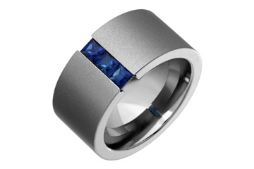 Deep Dark Blue Square Sapphire Trio & Titanium Ring