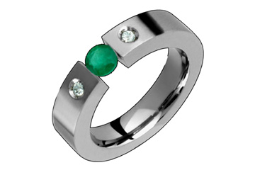 1/20 Carat Diamond & Emerald Tension Set Titanium Ring