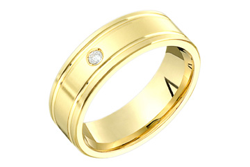 1/20 Carat Yellow Gold Grooved Wedding Band with Solitary Diamond