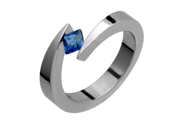 Tension Set Square Blue Sapphire Titanium Ring