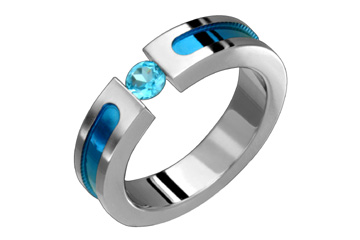Blue Topaz Tension Set Titanium Ring With Blue Inlay