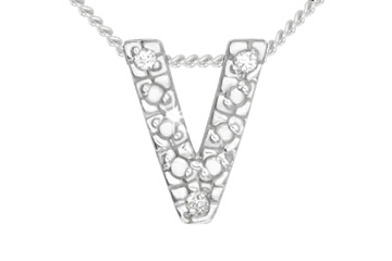 Diamond 14K White Gold Initial V Pendant With Chain
