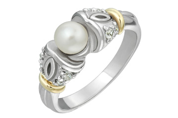 7/50 Carat Two-Tone Cultured Pearl & Diamond Carved Ring