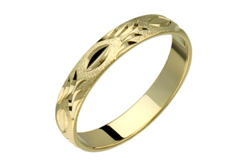 14K Comfort Fit  Yellow Gold Wedding Band with Leaf Design