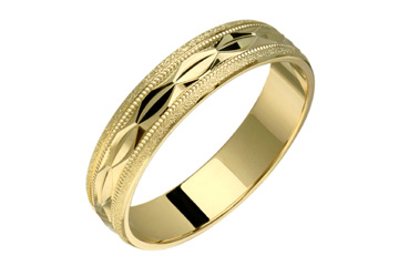 14K Comfort Fit Yellow Gold Wedding Band with Oval Pattern and Sandblasted Edge
