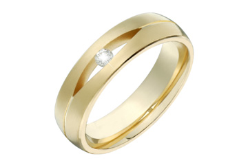 14K Comfort Fit Yellow Gold Wedding Band with Thin Cut Design and Diamond