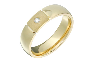 14K Comfort Fit Yellow Gold Wedding Band with  Single Diamond Between Two Distinct Cuts