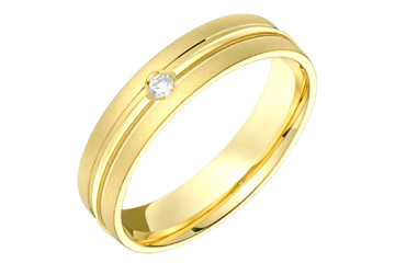 1/20 Carat Yellow Gold 14kt Grooved Wedding Band with Diamond