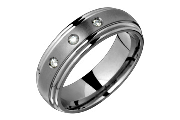 9/100 Carat Three Stone Diamond Titanium Ring with Grooved Edges