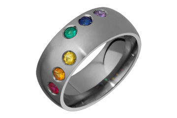 Domed Titanium Ring Set With Rainbow Color Gemstones