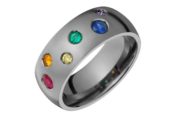 Rainbow Color Gemstones Randomly Set In Domed Titanium Ring