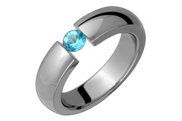 Round Blue Topaz Tension Set Into Domed Titanium Ring